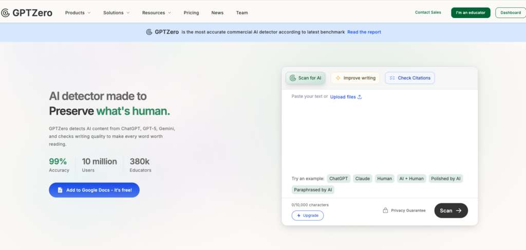 Tool 4: GPTZero: Best AI Detector for Education & Batch Scanning