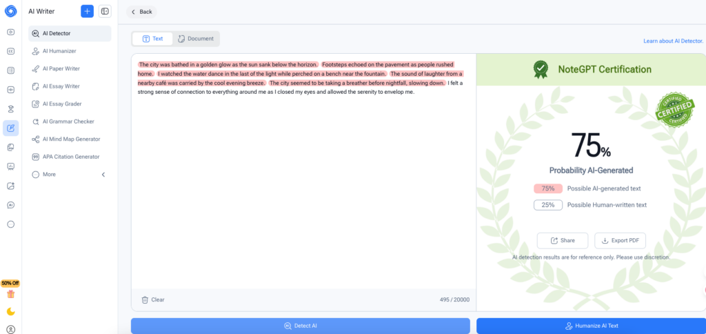 Tool 2: NoteGPT AI Detector: Best AI Detector for Notes & Short-Form Content